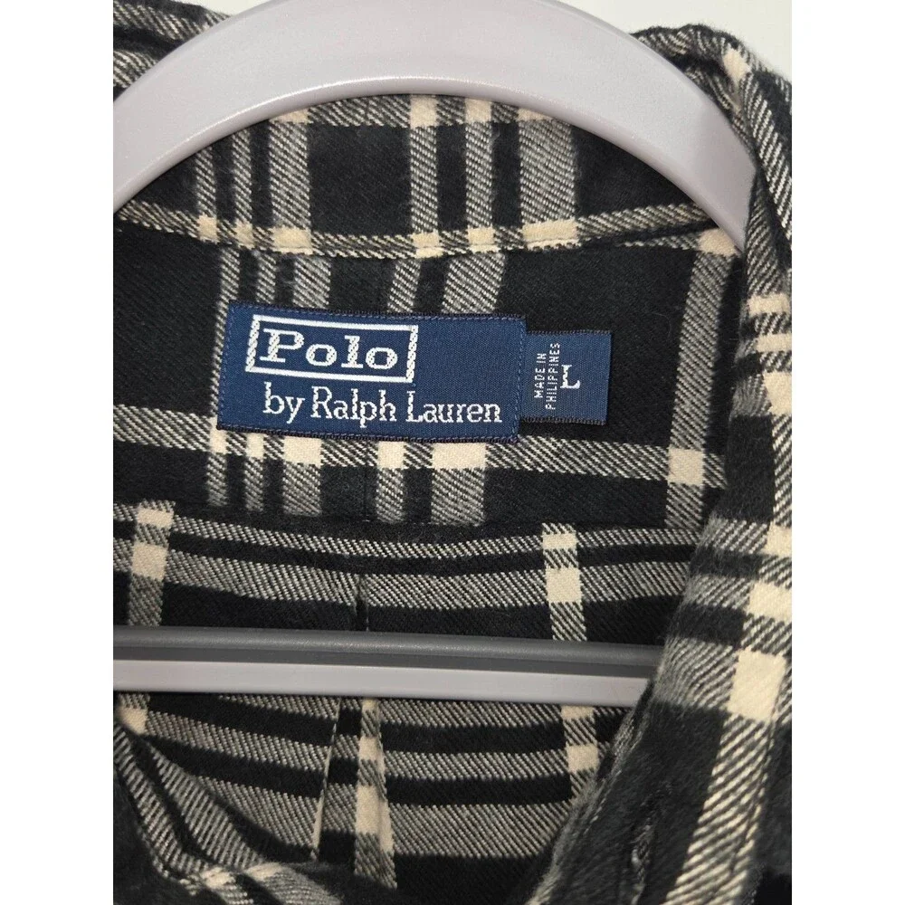 Polo Ralph Lauren Mens Large Black Cream Plaid Flannel Shirt Button Down Pocket
